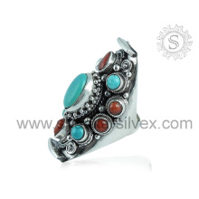 Gemstone Ring Coral, Turquoise Silver Jewelry RNCB15-1135-1